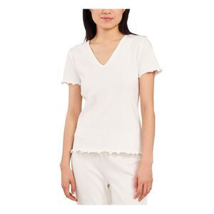 RILEY&RAE Womens White Lettuce Edge Cuffs And Hem Short Sleeve V Neck Top M
